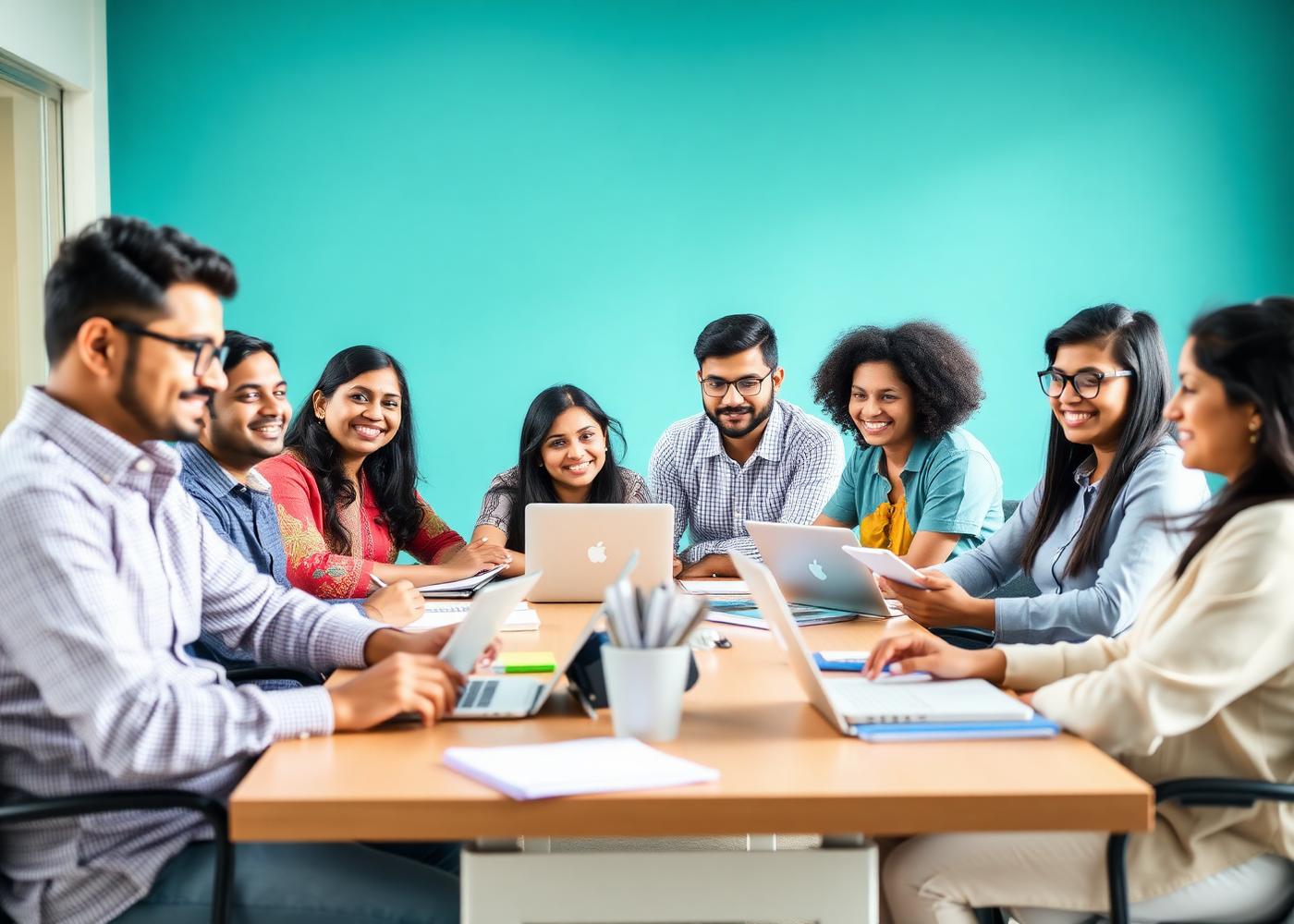 A diverse group of young Indian students and professionals collaborating