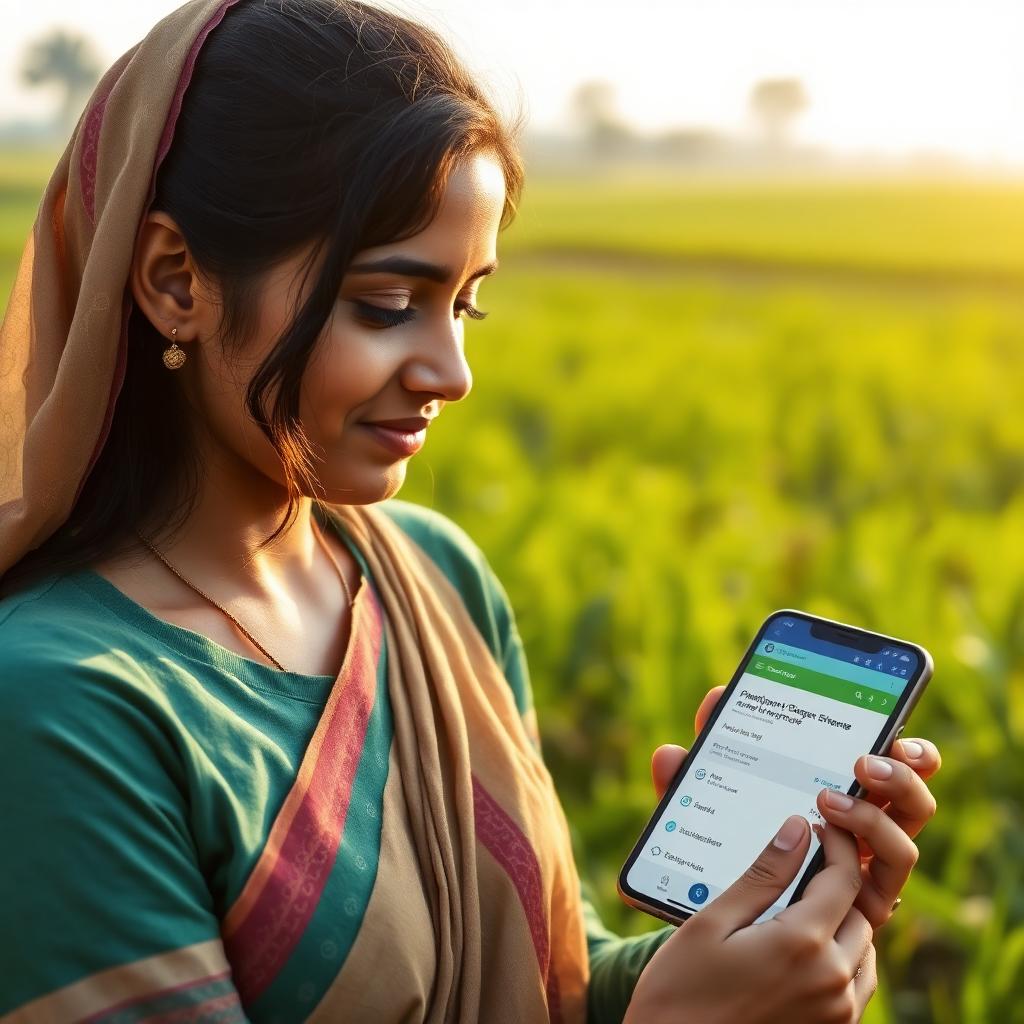 A young woman in rural India applying to a government scheme on her phone